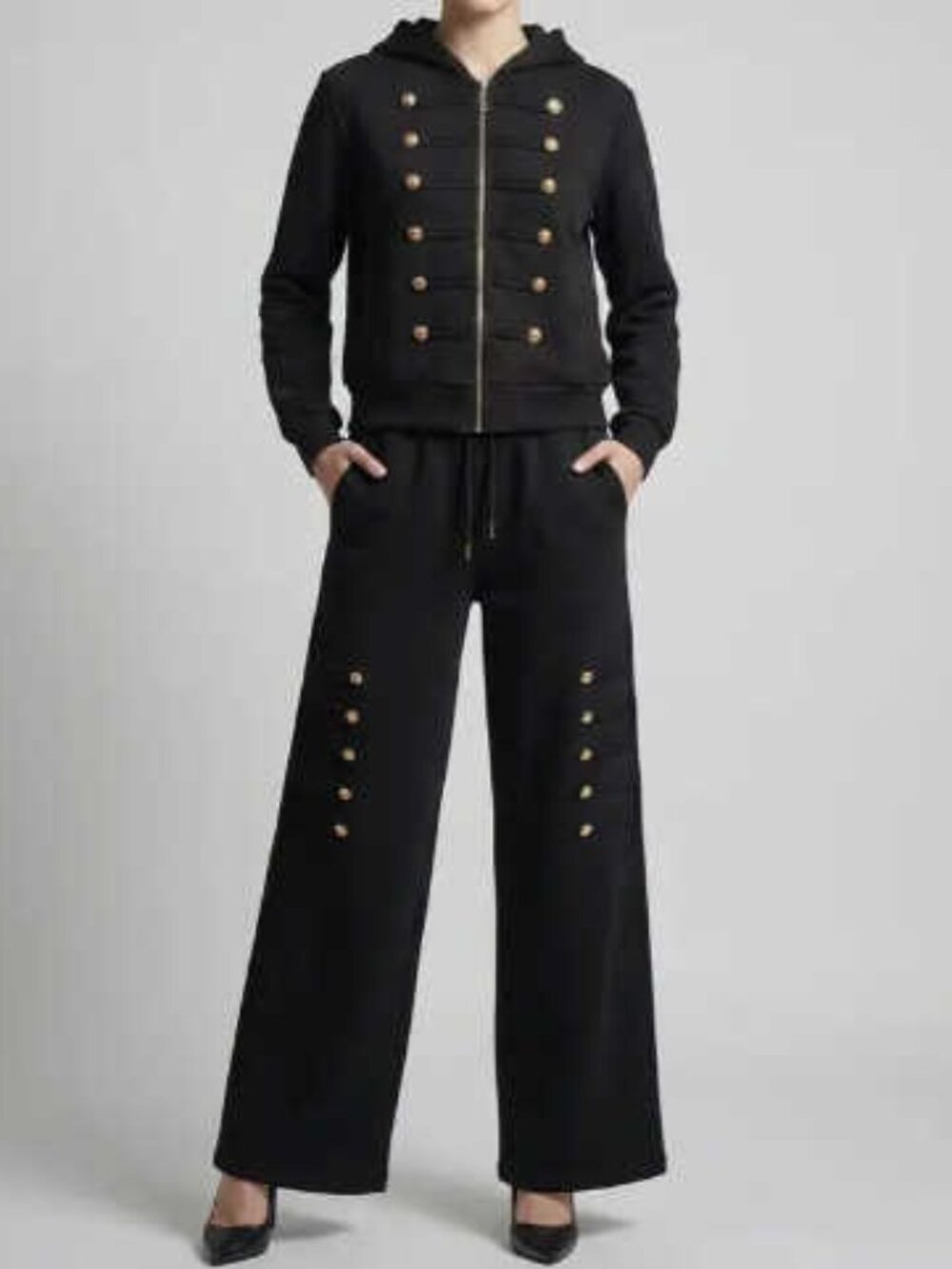 Military Detail Hooded Lounge Set - BLACK